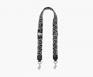 Black Silver Marc Jacobs The Thin Outline Logo Webbing Women's Bag Strap | USA 798153NML