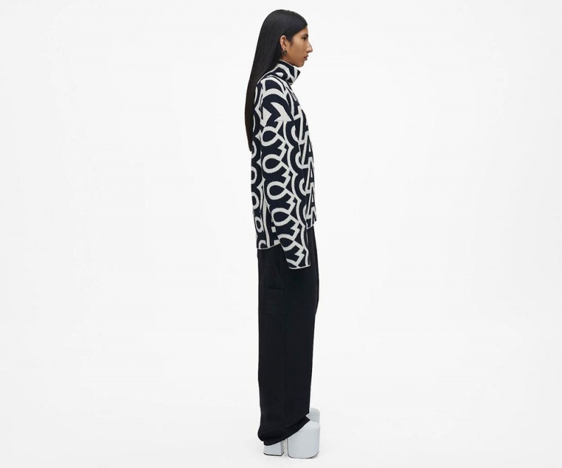 Black White Marc Jacobs The Flock Monogram Funnel Women's Sweater | USA 201985UPT