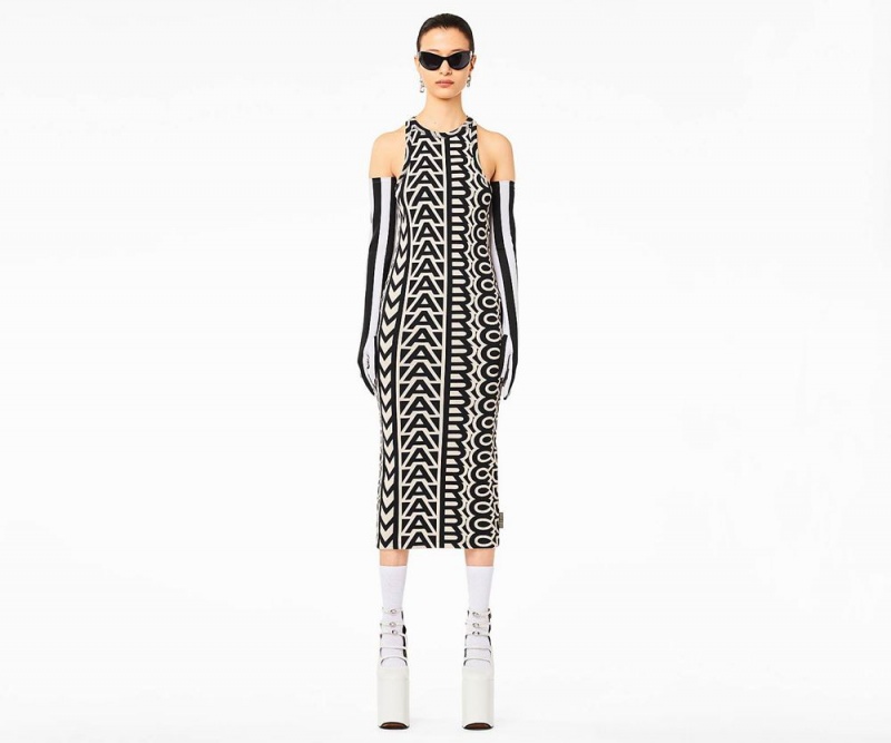 Black White Marc Jacobs The Monogram Racer Rib Women's Dress | USA 295703XGW