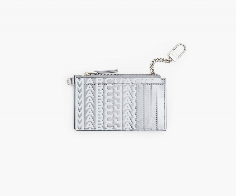 Silver White Marc Jacobs The Monogram Metallic Top Zip Wristlet Women's Large Wallets | USA 890237DCF